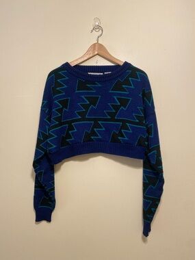 THE VINTAGE TWIN Blue Patterned Cropped Women’s Sweater. Size L